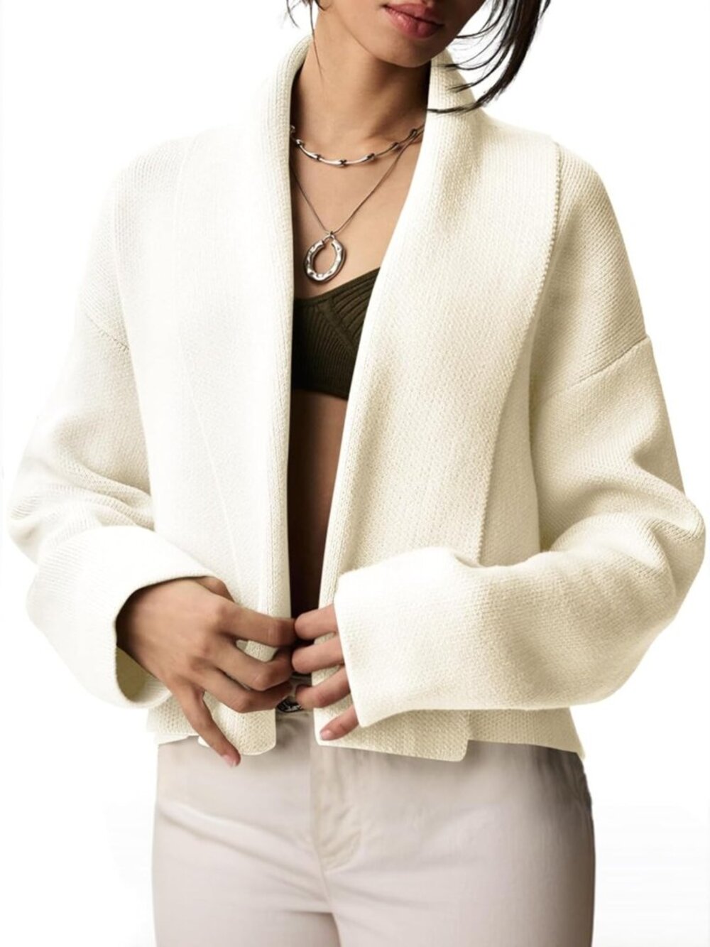 Trendy Women's Cropped Cardigan - Open Front Shawl, Long Sleeve Sweater Jacket